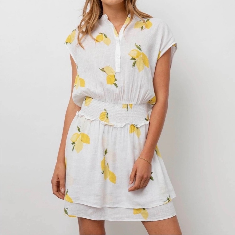 Rails Angelina Citronnade Lemon Print Linen Blend Smocked Mini Dress M